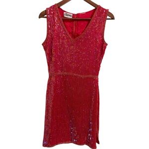 Vintage 80s Swee Lo Sequin Beaded Red Sleeveless Designer Cocktail Glam Dress XS